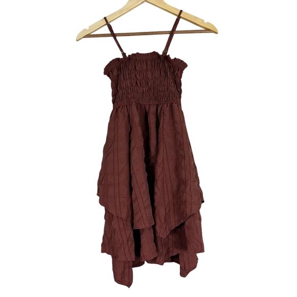 Wild Fable Mini Dress Womens XS Brown Seersucker Tiered Layered Smocked Earthy - Picture 3 of 6